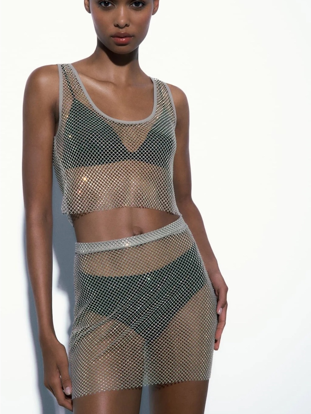 Zara Sheer Metallic Mesh Crop Top and Skirt Set - Silver